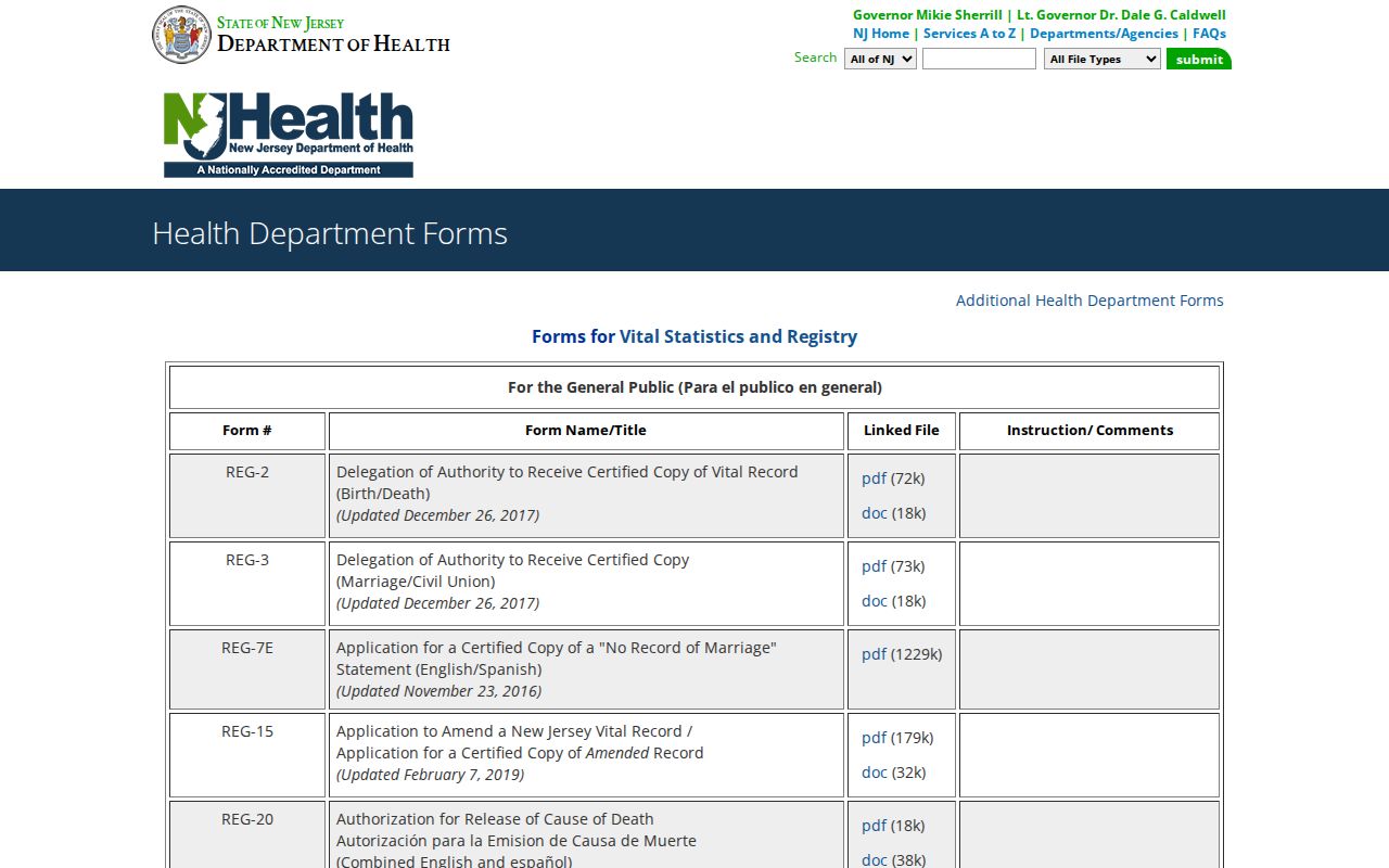 New Jersey vital record forms catalog